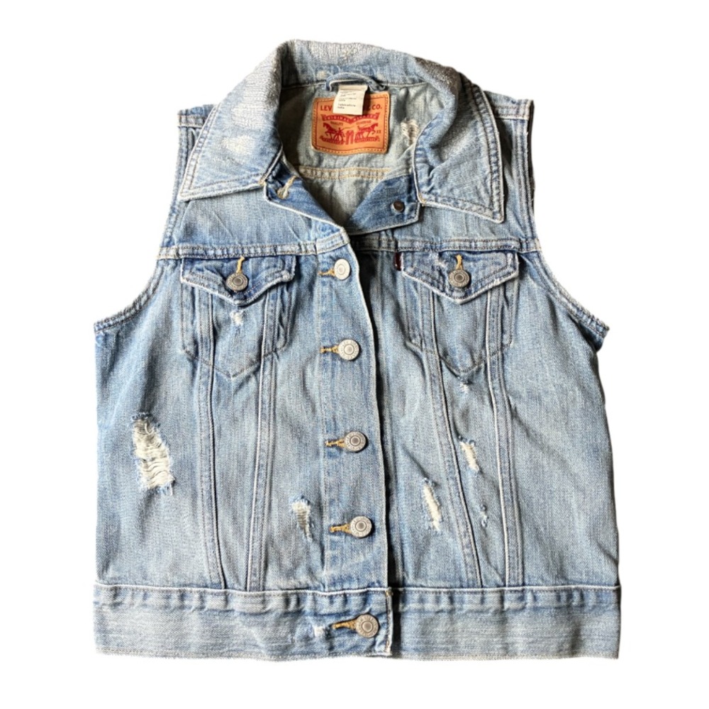 LEVI'S JEANS Super Cute DENIM VEST BUTTON-UP TOP Distressed SHREDDED Cotton XS